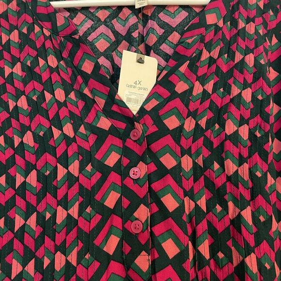 Colorful 4x Womens Pink Blouse Pleated Button Geometric Bright Terra & Sky Shirt - Picture 3 of 5